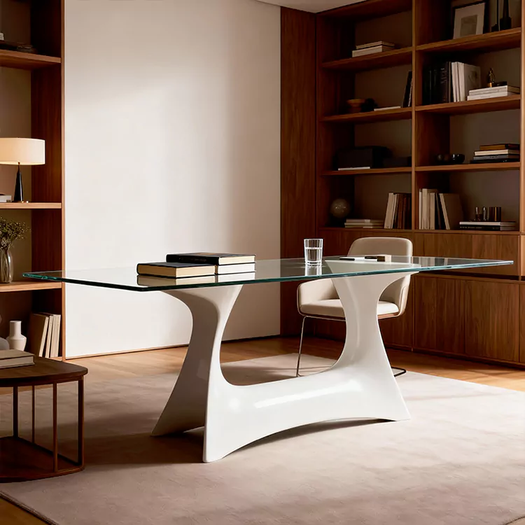 FRP Dining Set karo Base Sculptural lan Kaca Top
